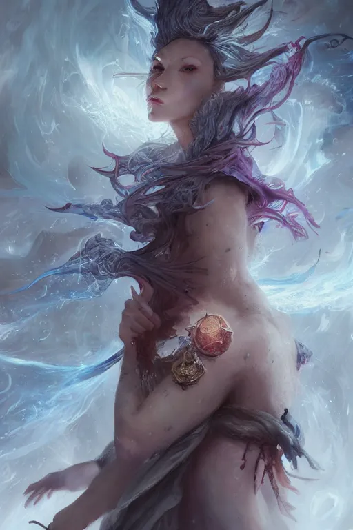 Image similar to beautiful girl sorcerer in blood skin, casting magic spell, angel, magic storm and thunder clouds, fantasy, magic the gathering, hyper detailed, 3 d render, hyper realistic detailed portrait, peter mohrbacher, wlop, ruan jia, luis royo