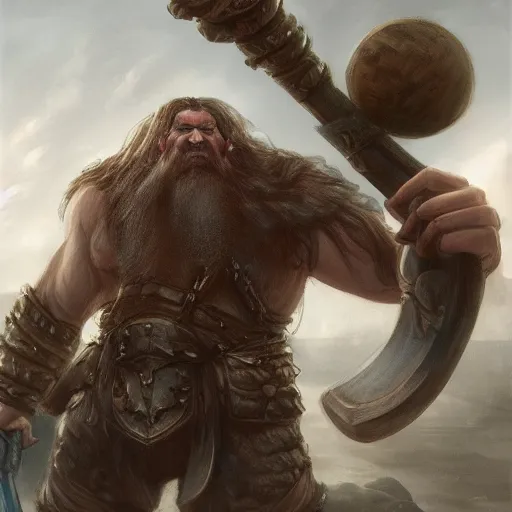 Image similar to A stunning, realistic portrait of an enormous troll. He holds a giant war hammer. Bodies of warriors are littered around the bridge he is guarding. Epic fantasy art. Award-winning on Artstation. Sharp. HD. 4K. 8K