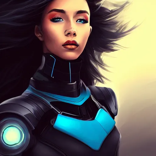 Image similar to a stunning upper body portrait of a beautiful young woman wearing futuristic deep black battle bodyarmor with ombre navy blue teal hairstyle blowing in the wind by marvel comics, digital art, trending on artstation