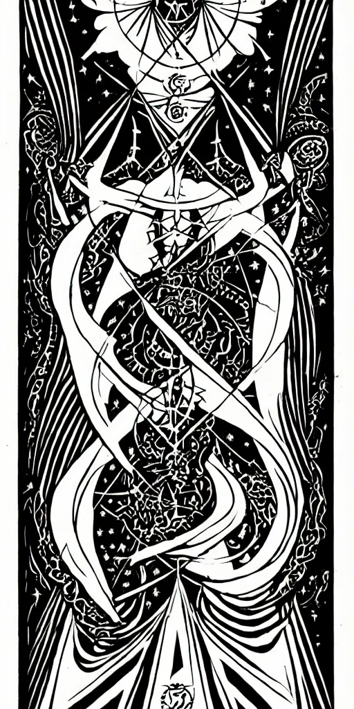 Image similar to a beautiful black and white fractal tarot card featuring bold occult imagery with clean lines. female demon.