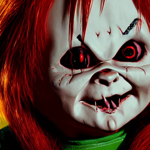 Prompt: Chucky the killer doll from the movie Child's Play demonic scary creepy movie still 8k hdr scary lighting