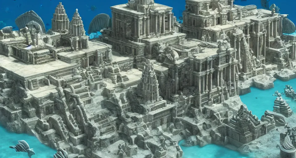 Prompt: a magnificent underwater side view of the lost city of Atlantis, white marble, fully built buildings, temples, hyper detailed, 4K