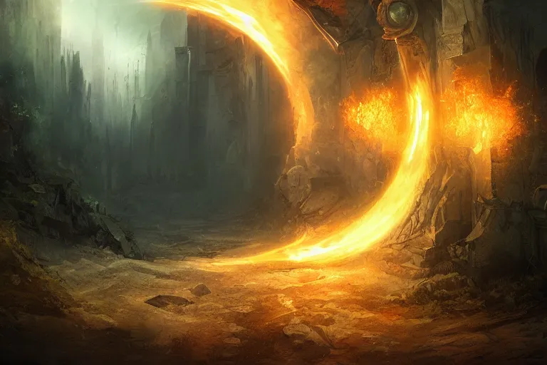 Image similar to A Portal to the Lost Flame Realm, fantasy, digital art, professional illustration, realistic, ultra detailed, atmospheric, cinematic lighting