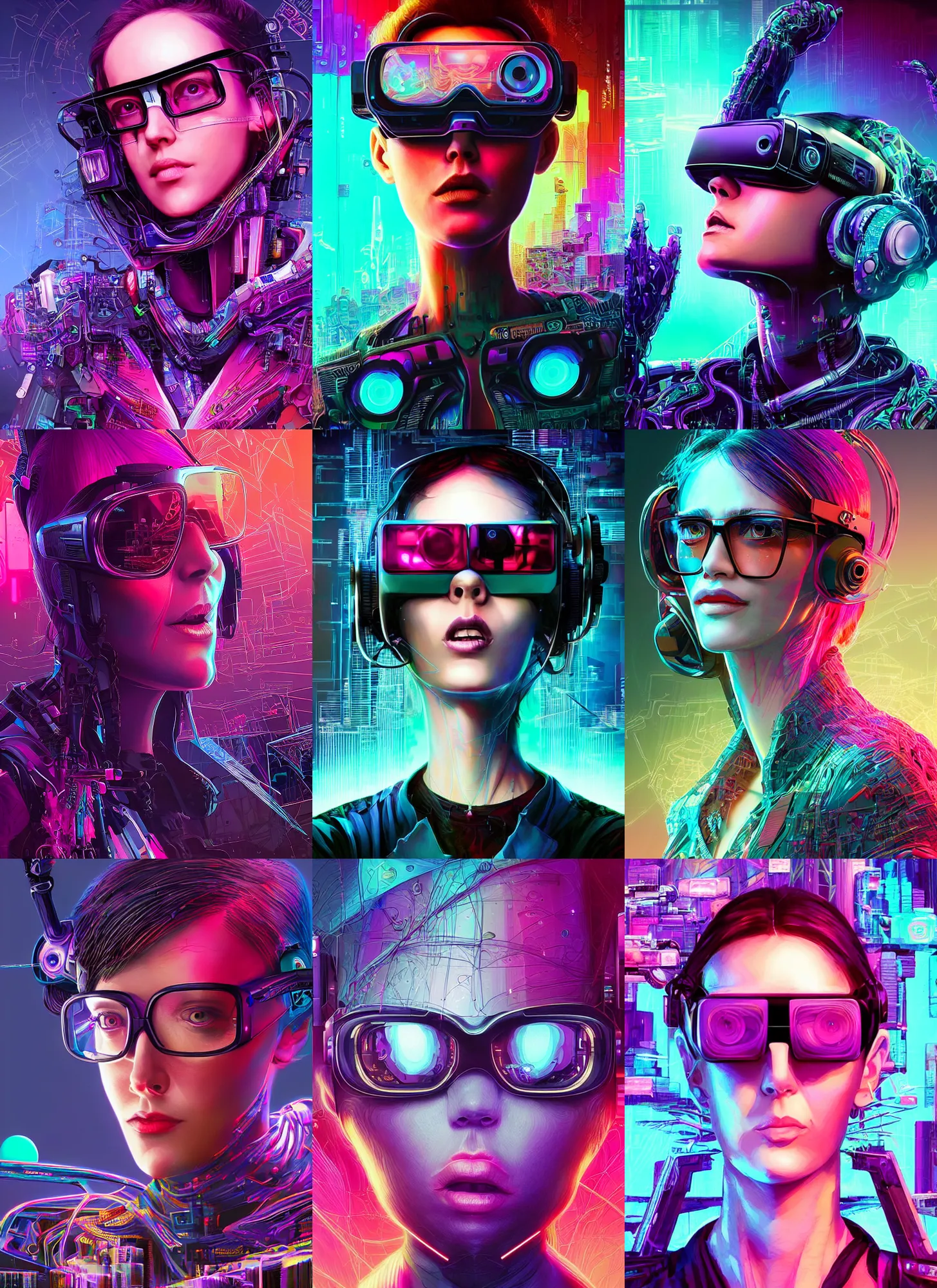 Prompt: silicon valley virtual reality 1 0 th anniversary, beautiful! woman with glasses, cyberpunk art by android jones, cyberpunk art by beeple, synthwave, darksynth, quantum tracerwave, wireframes, trending on artstation