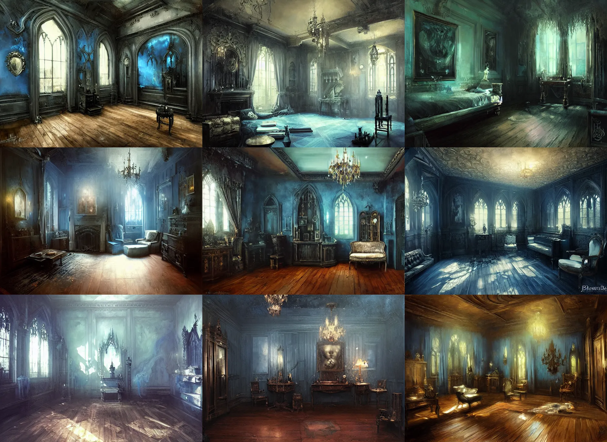 Prompt: gothic mansion room, wooden floor, elegant, artwork, paint, blue tones, detailed, by bastien lecouffe deharme, by jeremy mann, by alexander fedosav