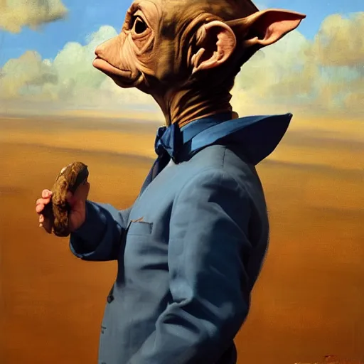 Image similar to greg manchess portrait of dobby the house holding the body of a man in a blue suit over his head, organic painting, sunny day, matte painting, bold shapes, hard edges, street art, trending on artstation, by huang guangjian, gil elvgren, ruan jia, randy vargas, greg rutkowski