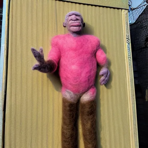 Prompt: photo of a larger than life sized needle - felted 2 0 0 year old wrinkly man covered in warts and skin tags sitting behind a needle felted dumpster in a needle felted alley way with low light and dark shadows