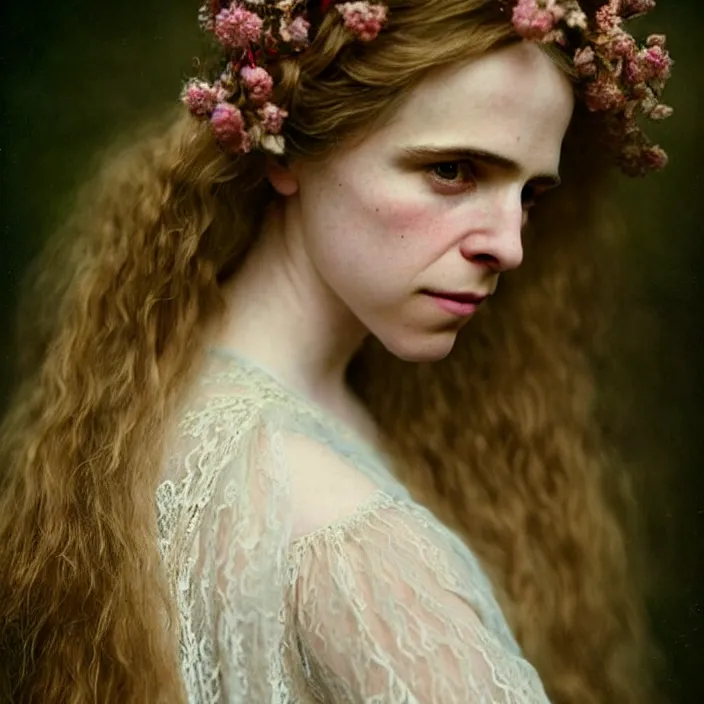 Image similar to Kodak Portra 400, 8K, warm and soft lighting, volumetric lighting, highly detailed, brit marling style 3/4 ,portrait photo of a beautiful woman how pre-Raphaelites painter, inspired by Julie Dillon , a beautiful lace dress and hair are intricate with highly detailed realistic beautiful flowers , Realistic, Refined, Highly Detailed, natural outdoor soft pastel lighting colors scheme,faded colors, outdoor fine art photography, Hyper realistic, photo realistic