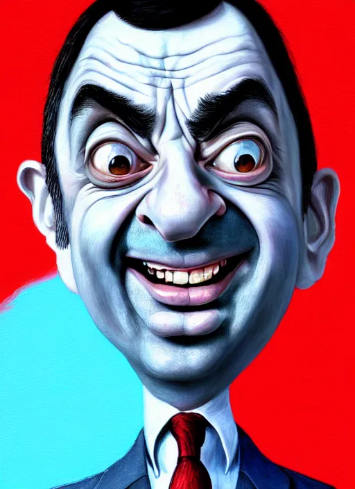 Image similar to highly detailed caricature portrait of mr bean by ross tran, by anato finnstark, brush strokes, 4 k resolution, light blue pastel background