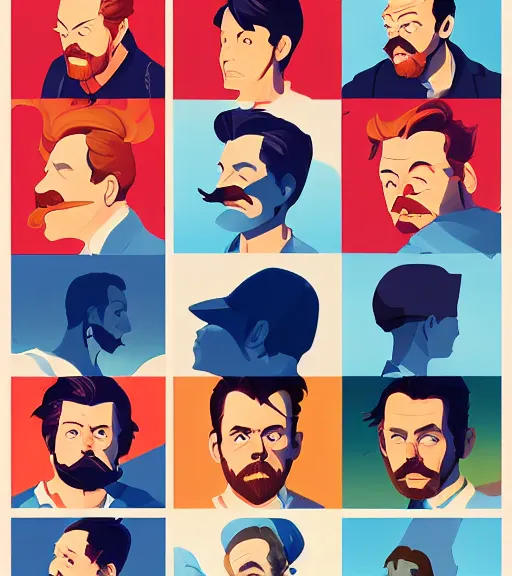 Image similar to face icon stylized minimalist jason sudeikis with mustache wearing blue shirt white color, loftis, cory behance hd by jesper ejsing, by rhads, makoto shinkai and lois van baarle, ilya kuvshinov, rossdraws global illumination