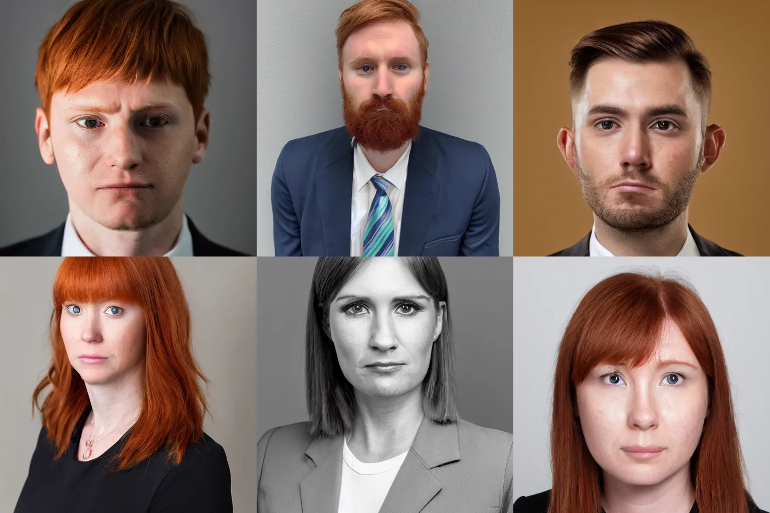 Prompt: headshot photo of the Employee of the Year 2020, photogenic, slightly disappointed, pores, ginger bangs, from the side