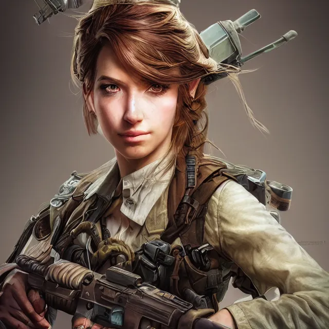 Image similar to the portrait of lawful neutral semi - colorful female infantry sniper as absurdly beautiful, gorgeous, elegant, young woman looking up, an ultrafine hyperdetailed illustration by kim jung gi, irakli nadar, intricate linework, bright colors, octopath traveler, final fantasy, unreal engine 5 highly rendered, global illumination, radiant light, detailed and intricate environment