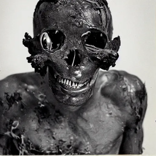 Image similar to exploded man covered in soot, bulging eyes, skull, photo from the 70s