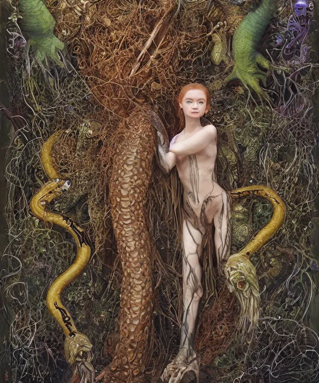 Prompt: a portrait photograph of sadie sink as a strong alien harpy queen with amphibian skin. she is dressed in a black slimy organic membrane catsuit and transforming into a snake antilope. by donato giancola, walton ford, ernst haeckel, peter mohrbacher, hr giger. 8 k, cgsociety, fashion editorial