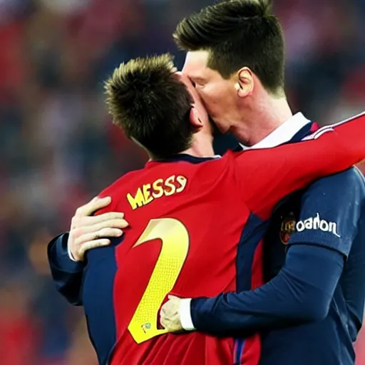 Image similar to Lewandowski and Messi kissing