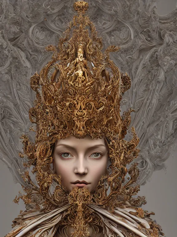 Prompt: a beautiful render of baroque catholic veiled queen sculpture with symmetry intricate detailed,by Ekaterina Belinskaya,Nekro , peter gric , aaron horkey , Billelis,Trending on artstation,ZBrush,fractalism,maximalism,glittering,gold,ivory,fire,hyperreal