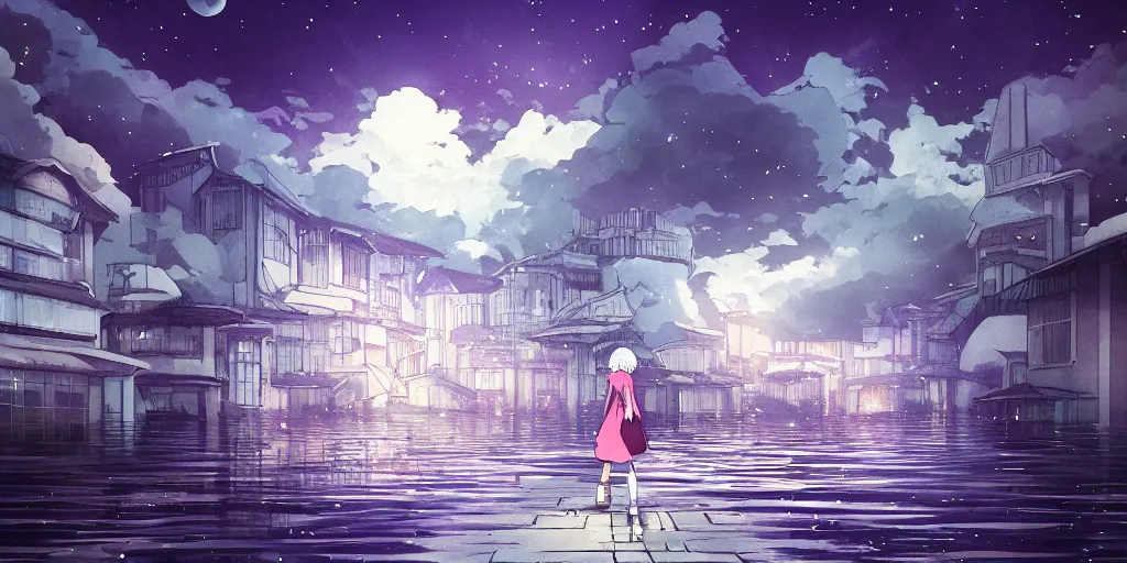 Prompt: white haired girl walking in flooded cloud palace night, dreamscape, cinematic, vibrant dark colors digital anime illustration by studio ghibli