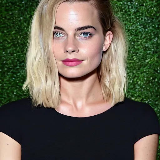 Image similar to a woman who is a genetic combination of margot robbie and emma watson face and upper - body focus