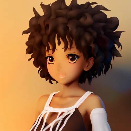 Prompt: a beautiful 3d brown anime girl, brown skin, black curly hair, Cinematic lighting, medium shot, anime masterpiece, highly detailed, Trending on artstation, unreal engine, 4k,
