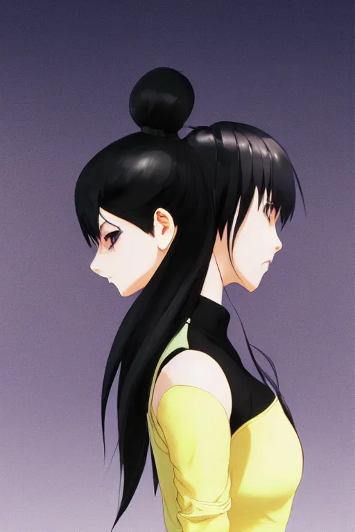 Image similar to black ponytail hair, pale woman in a black zipper jacket, yellow eyes, by artgerm, hair tied in a ponytail, white backdrop, soft lighting, night scene, by greg rutkowski makoto shinkai takashi takeuchi