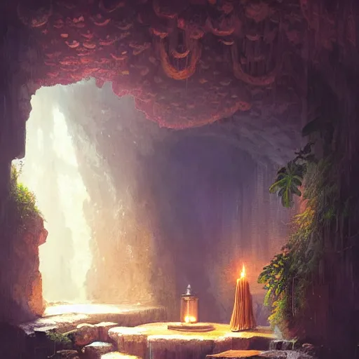 Prompt: cozy bathhouse hidden in a cave, candlelight, towels, cushions, natural light, lush plants and flowers, elegant, intricate, fantasy, atmospheric lighting, digital painting, Greg Rutkowski concept art