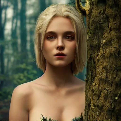 Image similar to very pretty blond dragon girl with scales in a dark forest, perfect symmetrical face, shallow depth of field, moody lighting, single point of light, 8 k, ultra realistic, octane render,