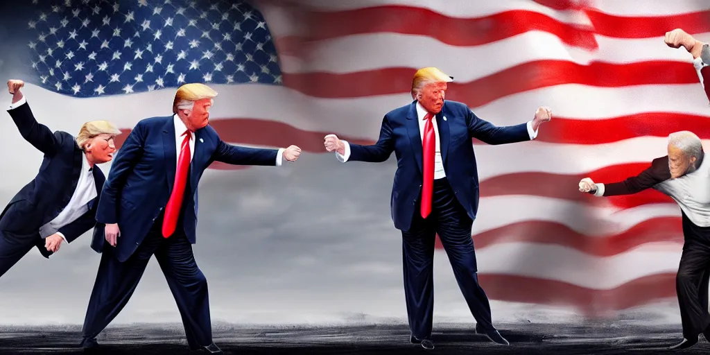 Image similar to donald trump and joe biden having a fist fight, sharp focus, matte painting, illustration, concept art,