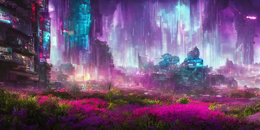 Image similar to A cyberpunk dreamscape showing an alien landscape covered in mystical flowers | Dreamworks Films Art | Depth of Field | 4k