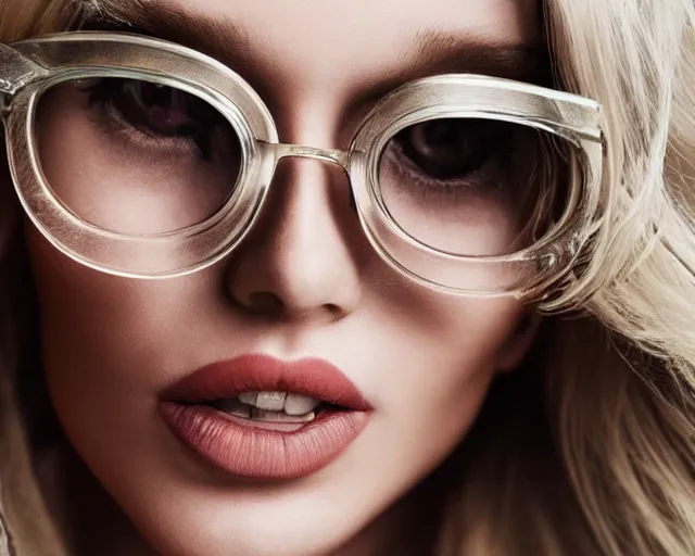 Prompt: the most beautiful blonde woman in the world wearing futuristic curved glasses, hyper realistic face, cinematic, close - up, hyper detailed, 8 5 mm photograph, 8 k resolution, film still, sharp lens, wide lens