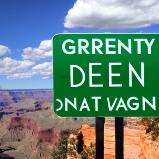 Prompt: A green sign that says Very Deep Learning and is at the edge of the Grand Canyon. Puffy white clouds are in the sky.