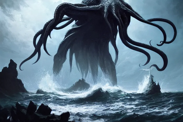 Prompt: cthulhu rising from the sea, digital art, magic the gathering, mtg, by greg rutkowski, trending on artstation