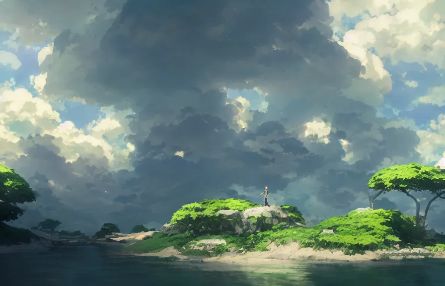 Image similar to makoto shinkai concept art of the cloud island dimension, key visual, ambient lighting, highly detailed, digital painting, artstation, concept art, sharp focus, by makoto shinkai and akihiko yoshida and hidari and wlop and greg rutkowski