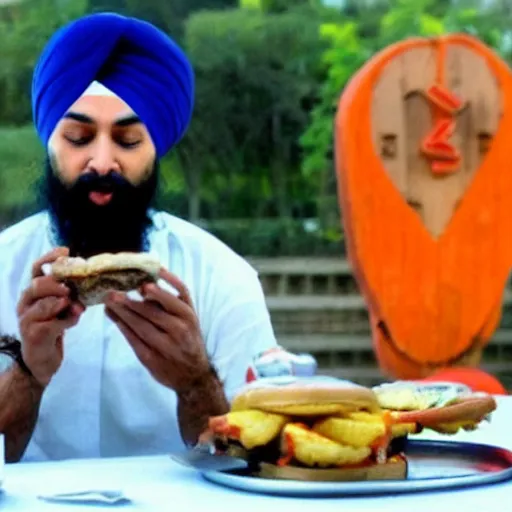 Image similar to sikh eating burger, still from dragonballz style