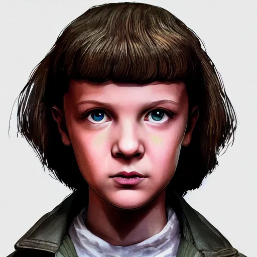 Prompt: Portrait of Eleven from Stranger Things by Yoji Shinkawa, octane render