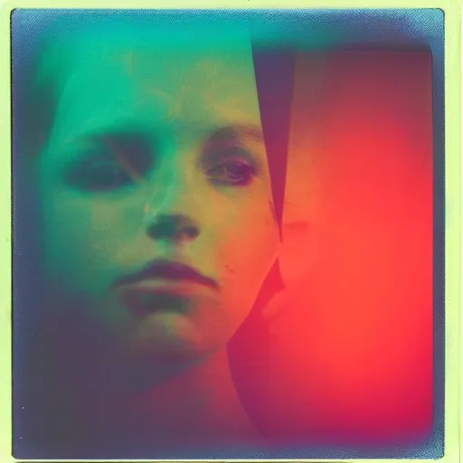 Image similar to polaroid of a dream, reflection, double exposure, glitch, red cyan lighting