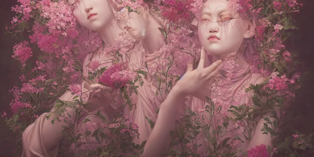 Prompt: breathtaking detailed weird concept art painting of few goddesses of light pink flowers, orthodox saint, with anxious, piercing eyes, ornate background, amalgamation of leaves and flowers, by Hsiao-Ron Cheng, extremely moody lighting, 8K