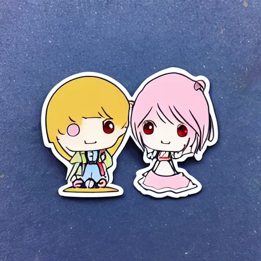 Prompt: die cut sticker of anime chibi kawaii cute boy and girl on beach vacation