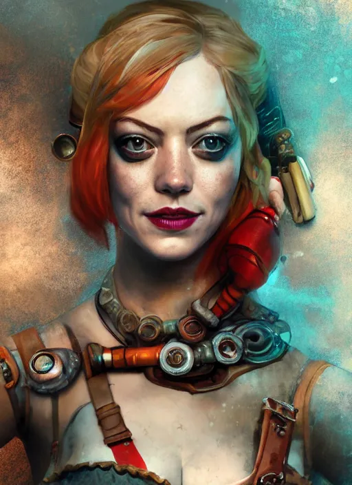 Image similar to underwater steampunk portrait of emma stone as harley quinn, hyper detailed, digital art, cinematic lighting, studio quality, smooth render, octane rendered, art style by klimt and nixeu and ian sprigger and krenz cushart.