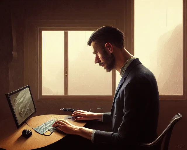 Image similar to portrait of a man typing on a computer, surrealism, detailed surroundings, artstation, detailed facial expression, centered, intricate, sharp focus, highly detailed, concept art, smooth, illustration, digital painting, elegant, intense emotion, by greg rutkowski, wlop