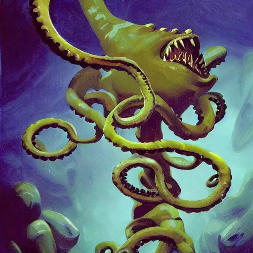 Prompt: Underwater Tentacle Pandomonium;Art by Greg Manchess, Art Direction by Jeremy Jarvis; painting spiraling inward; Deep sea horror; teeth and eyes; illustration; balanced negative space; perfect composition;