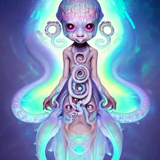 Image similar to A full shot of a cute magical monster Cryptid wearing a dress made of opals and tentacles. Chibi. Subsurface Scattering. Translucent Skin. Caustics. Prismatic light. defined facial features, symmetrical facial features. Opalescent surface. Soft Lighting. beautiful lighting. By Giger and Ruan Jia and Artgerm and WLOP and William-Adolphe Bouguereau and Loish and Lisa Frank. Sailor Moon. trending on artstation, featured on pixiv, award winning, sharp, details, intricate details, realistic, Hyper-detailed, HD, HDR, 4K, 8K.