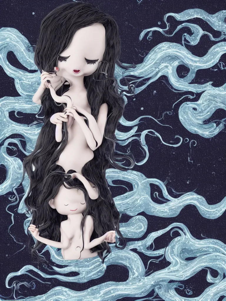 Prompt: cute fumo plush gothic octopus maiden alien girl combing her hair in the waves of the wavering dark galactic abyss, ocean wave thunderstorm and reflective splashing water, black and white, ocean simulation, vignette, vray