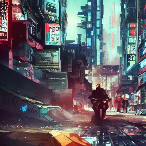 Image similar to cyberpunk sonny barger and hunter thompson, ghost in the shell, anime key visual, wit studio official media, cyberpunk wired city, smoke and rubble, high detail