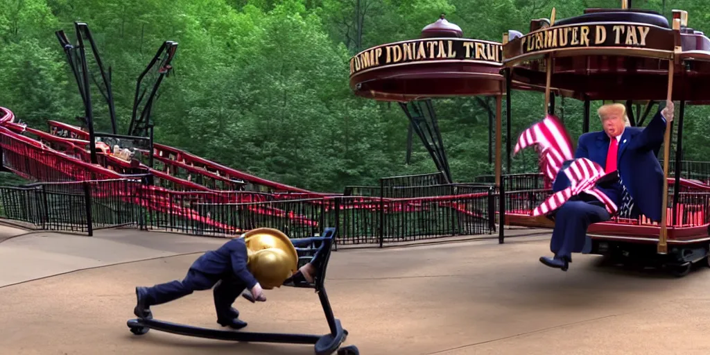 Image similar to Donald trump falls off of a trolly and cries, caught in 4K, taken in Silver Dollar City