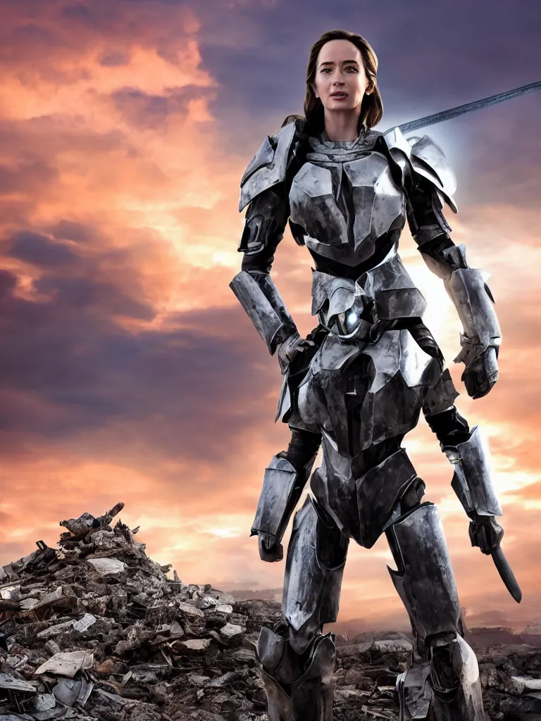 Prompt: emily blunt in futuristic power armor, alone, standing atop a pile of rubble, sword on shoulder, sunset and big clouds backdrop