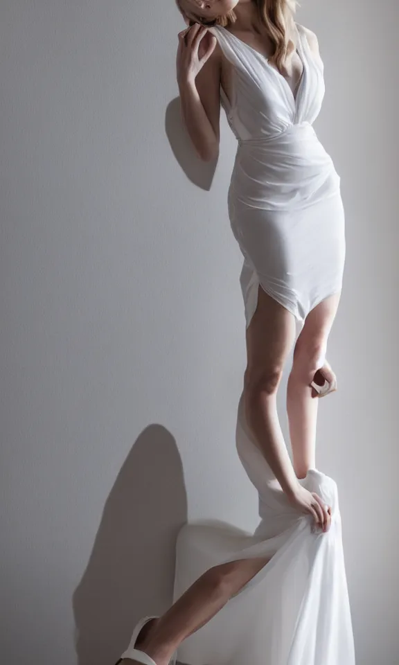 Image similar to photo of gorgeous seductive tall emily skinner cosplaying annie leonhart wearing elegant white dress, wearing open toe heels, in a white room, beautiful face, pale skin, rule of thirds, cinematic lighting, sharp focus, backlit, stunning, smooth, hard focus, full body shot, studio photo, shot on sony a 7 iii