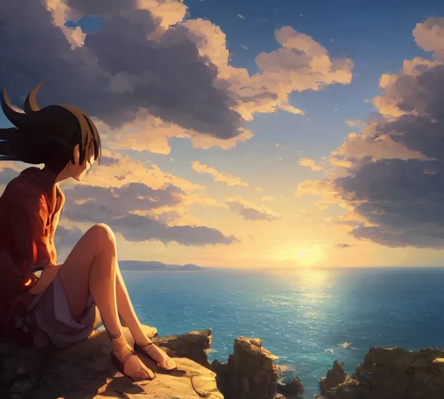 Image similar to a girl sitting on a cliff overlooking the sea. Atmospheric lighting, sunset, blue sea. By Makoto Shinkai, Stanley Artgerm Lau, WLOP, Rossdraws, James Jean, Andrei Riabovitchev, Marc Simonetti, krenz cushart, Sakimichan, trending on ArtStation, digital art.