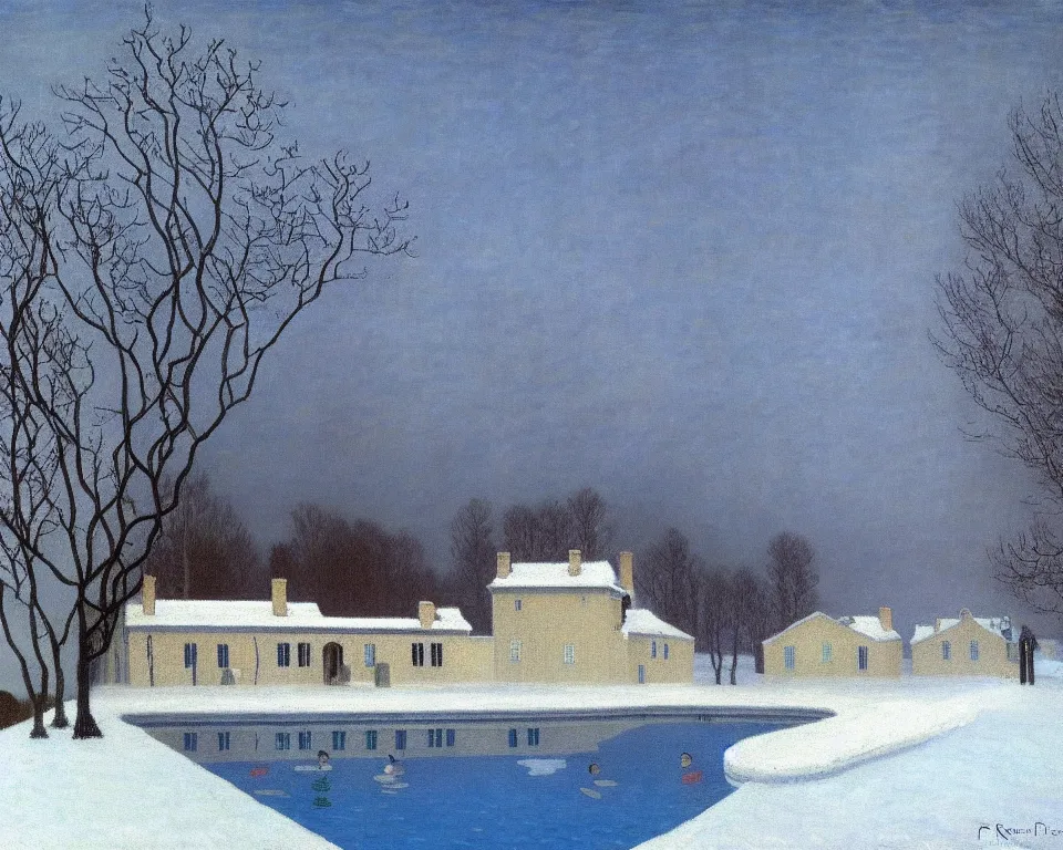 Image similar to achingly beautiful painting of a sophisticated, well - decorated pool house in winter by rene magritte, monet, and turner.