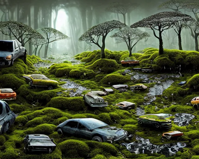 Image similar to panoramic view, superintelligent ecological matrix of moss and lichen dotted biomechanical trees growing on junkyard heaps of electronics and automobiles among puddles of glistening oil, artists bev doolittle and philippe caza, high contrast cinematic light, mystical shadows, sharp focus, octane render, three dimensional autostereogram optical illusion, repeating patterns, seamless tile