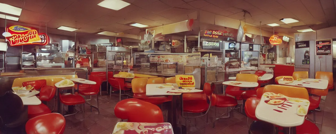 Image similar to spaghetti burger at a 1 9 9 0 s burger king ( restaurant chain ), canon 5 0 mm, kodachrome, in the style of wes anderson